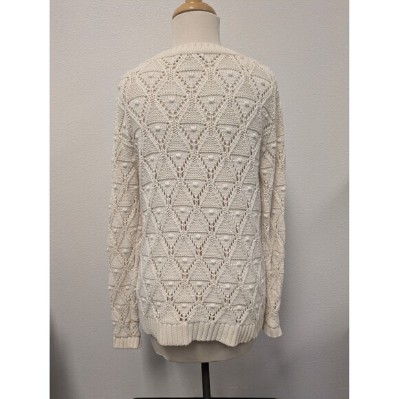 Tommy Hilfiger Ivory Diamond Open Knit Sweater sz M Pom Pom Preppy Classic - Picture 5 of 9
